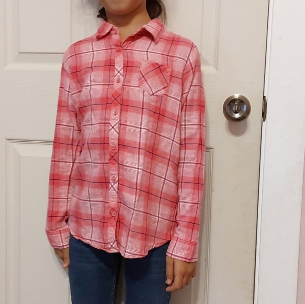 Faded Glory Girls Pink Plaid Long Sleeve Button Down Shirt Size M 7 8